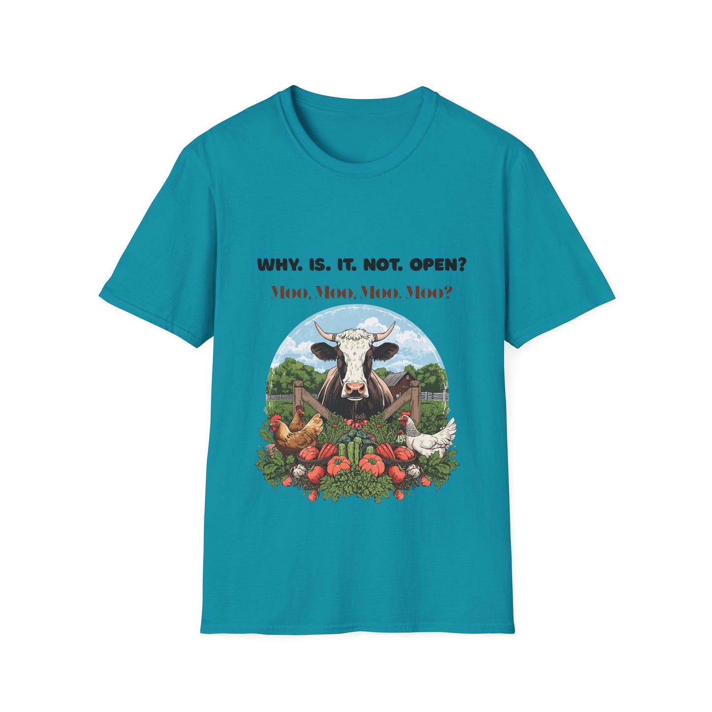 Why Is It Not Open? Cow Graphic T-Shirt — Funny Farm Animal Tee