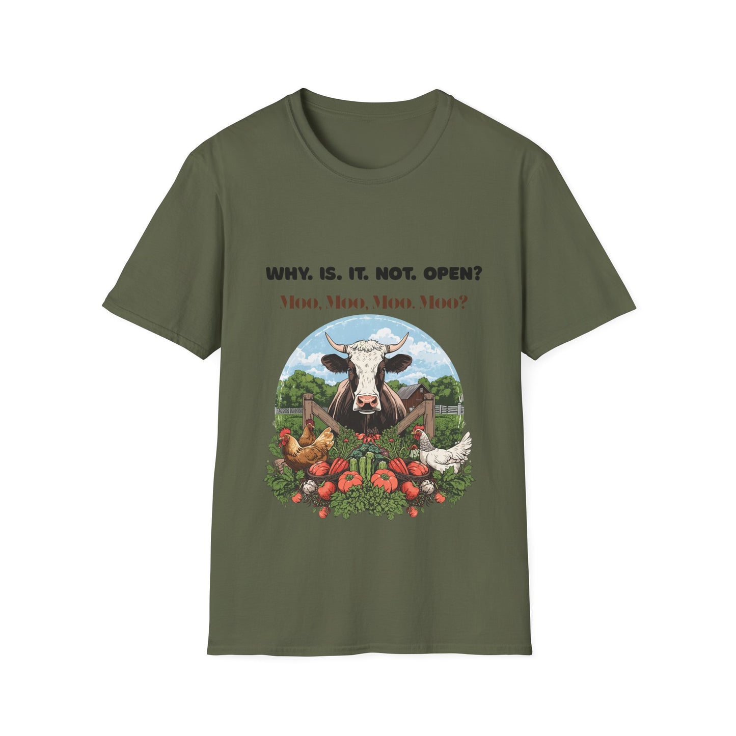 Why Is It Not Open? Cow Graphic T-Shirt — Funny Farm Animal Tee