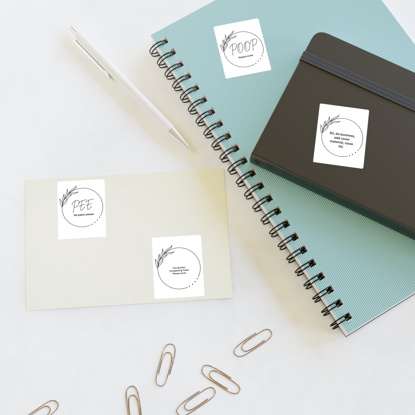 Compost Loo stickers — “Pee / Poop / Please Cover” Toilet Decals