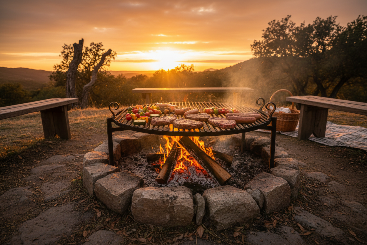 Sunser cooking on a rustic fire grill